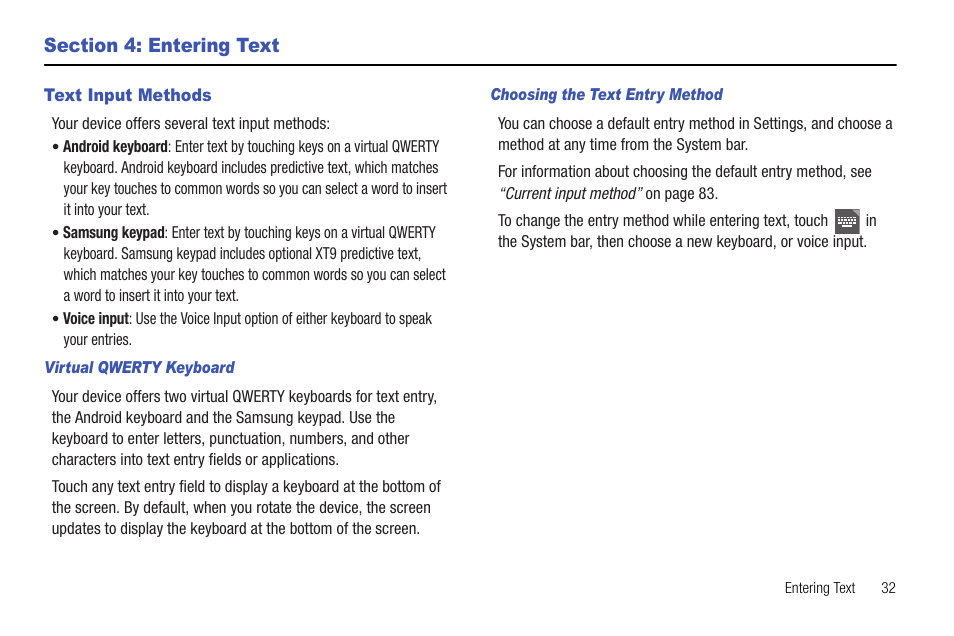 Section 4: entering text, Text input methods | Samsung 10.1 User Manual | Page 39 / 123