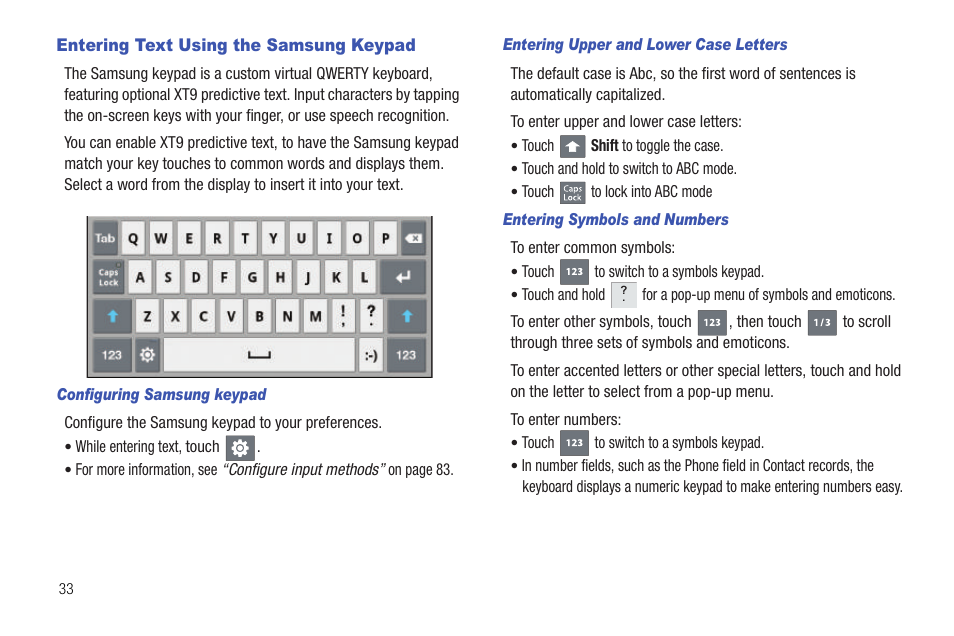 Entering text using the samsung keypad | Samsung 10.1 User Manual | Page 40 / 123