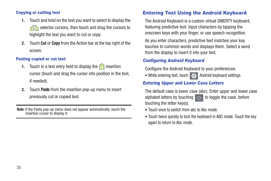 Entering text using the android keyboard | Samsung 10.1 User Manual | Page 42 / 123