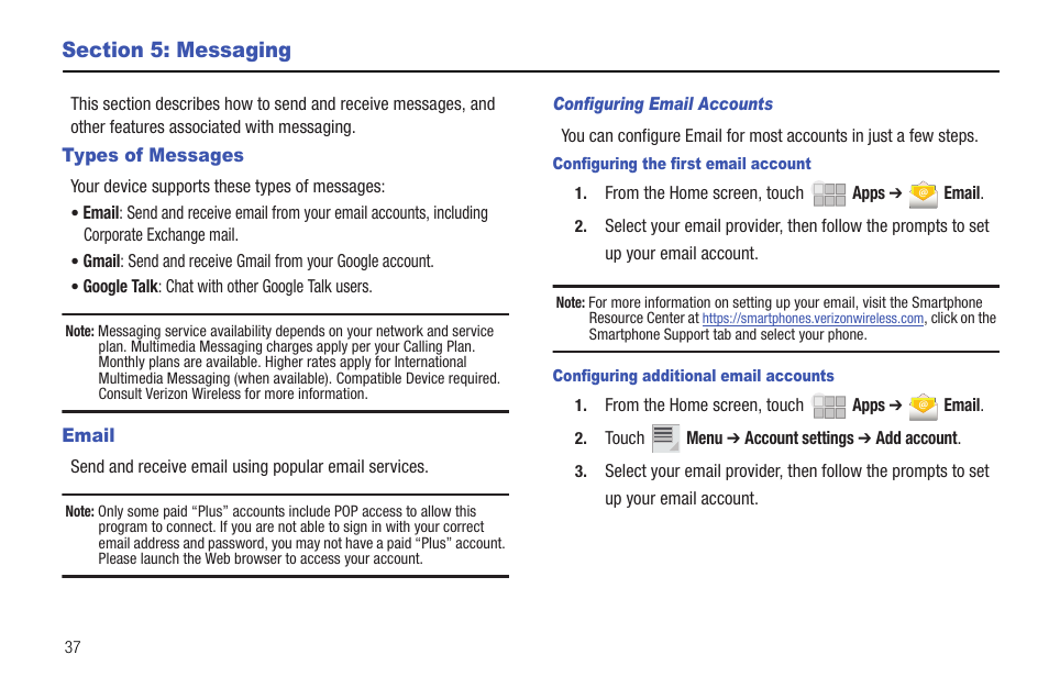 Section 5: messaging, Types of messages, Email | Types of messages email | Samsung 10.1 User Manual | Page 44 / 123