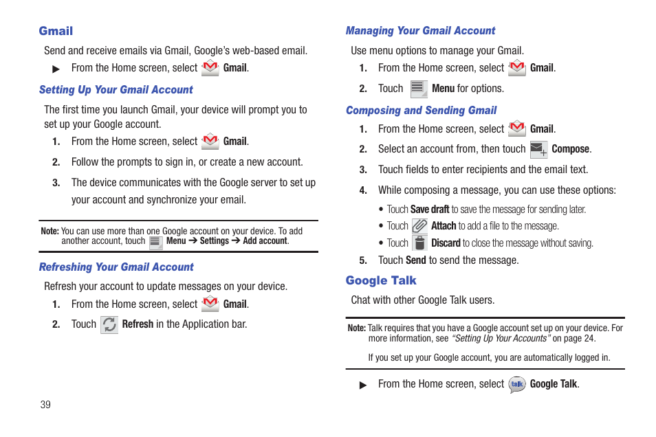 Gmail, Google talk, Gmail google talk | Samsung 10.1 User Manual | Page 46 / 123