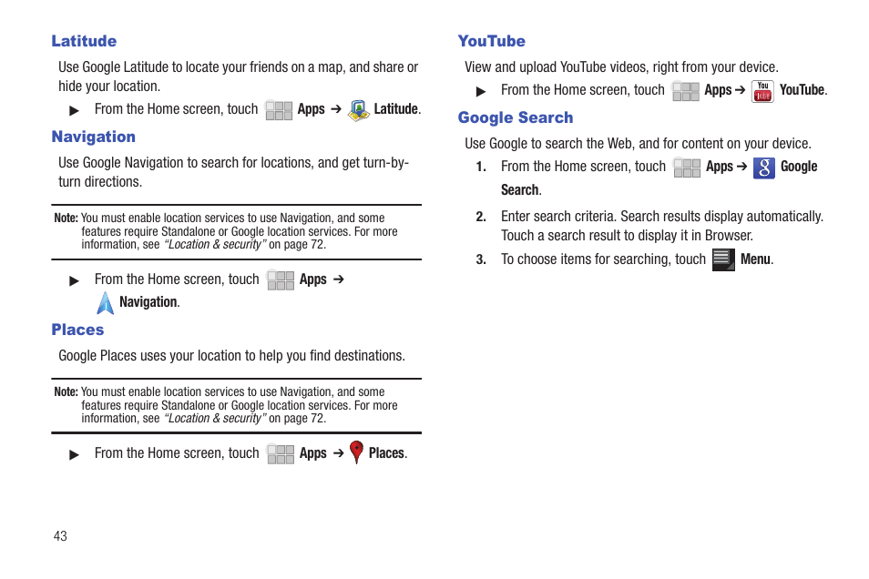 Latitude, Navigation, Places | Youtube, Google search, Latitude navigation places youtube google search | Samsung 10.1 User Manual | Page 50 / 123