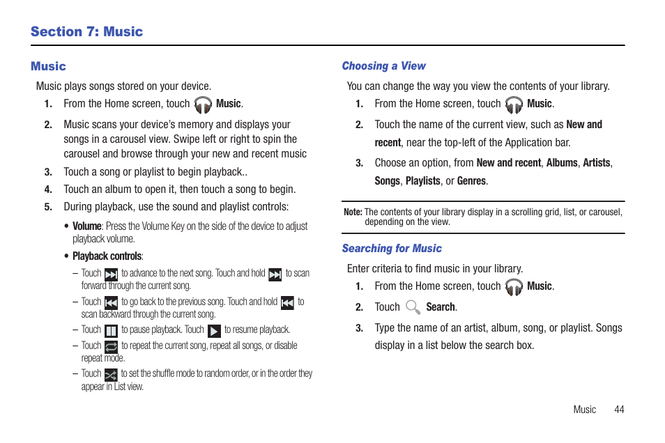 Section 7: music, Music | Samsung 10.1 User Manual | Page 51 / 123