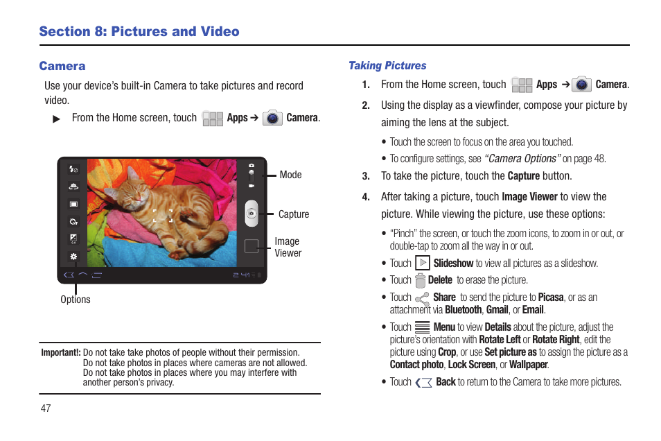 Section 8: pictures and video, Camera | Samsung 10.1 User Manual | Page 54 / 123