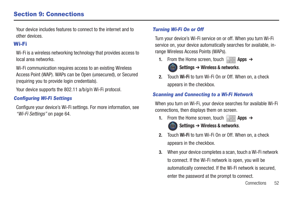 Section 9: connections, Wi-fi | Samsung 10.1 User Manual | Page 59 / 123