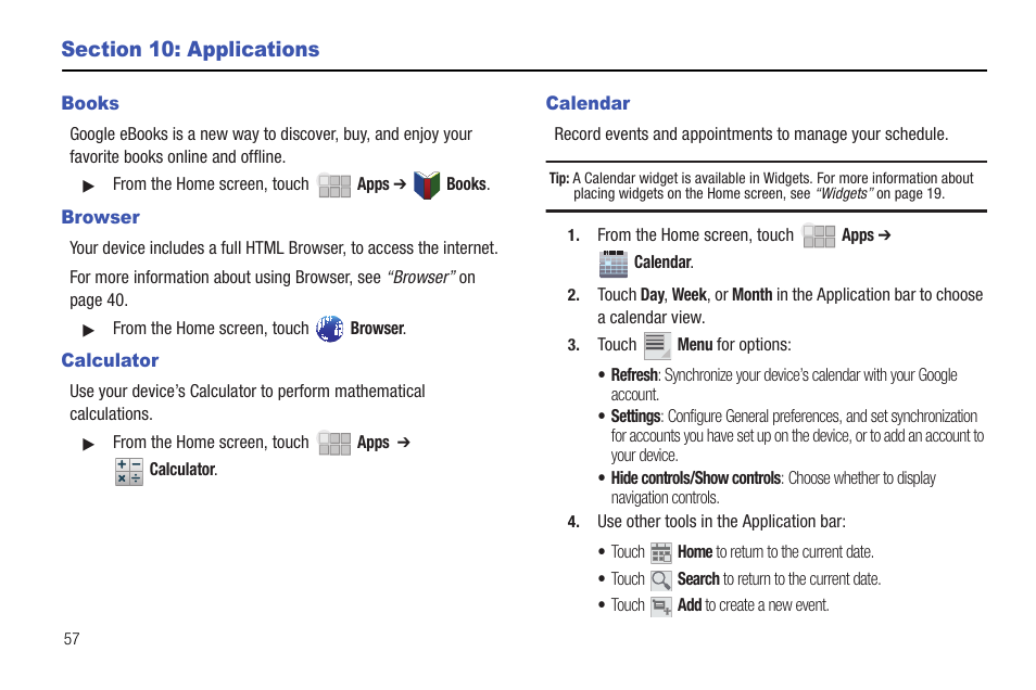 Section 10: applications, Books, Browser | Calculator, Calendar, Books browser calculator calendar | Samsung 10.1 User Manual | Page 64 / 123