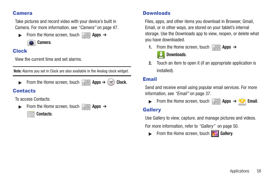 Camera, Clock, Contacts | Downloads, Email, Gallery, Camera clock contacts downloads email gallery | Samsung 10.1 User Manual | Page 65 / 123