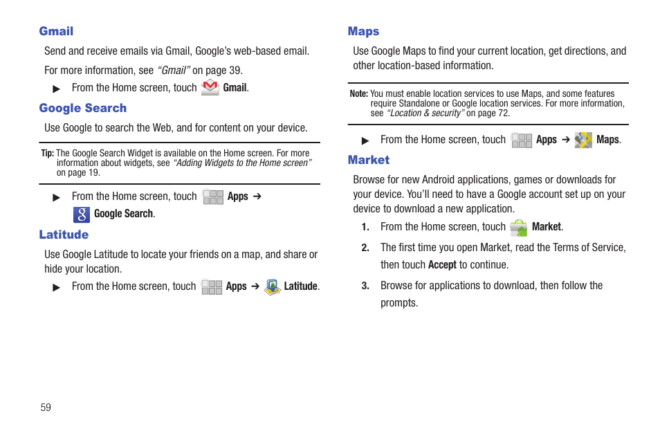 Gmail, Google search, Latitude | Maps, Market, Gmail google search latitude maps market | Samsung 10.1 User Manual | Page 66 / 123