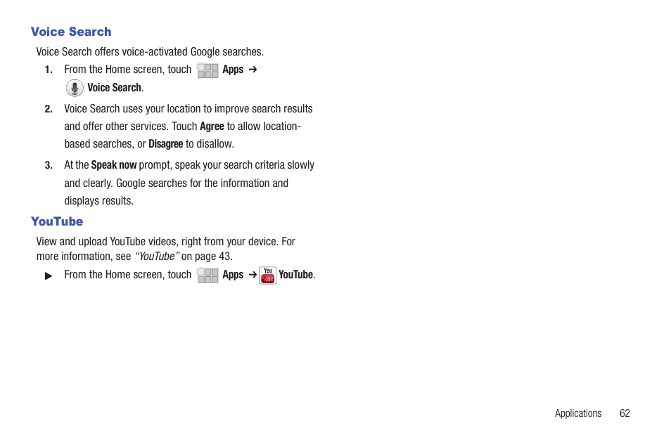 Voice search, Youtube, Voice search youtube | Samsung 10.1 User Manual | Page 69 / 123