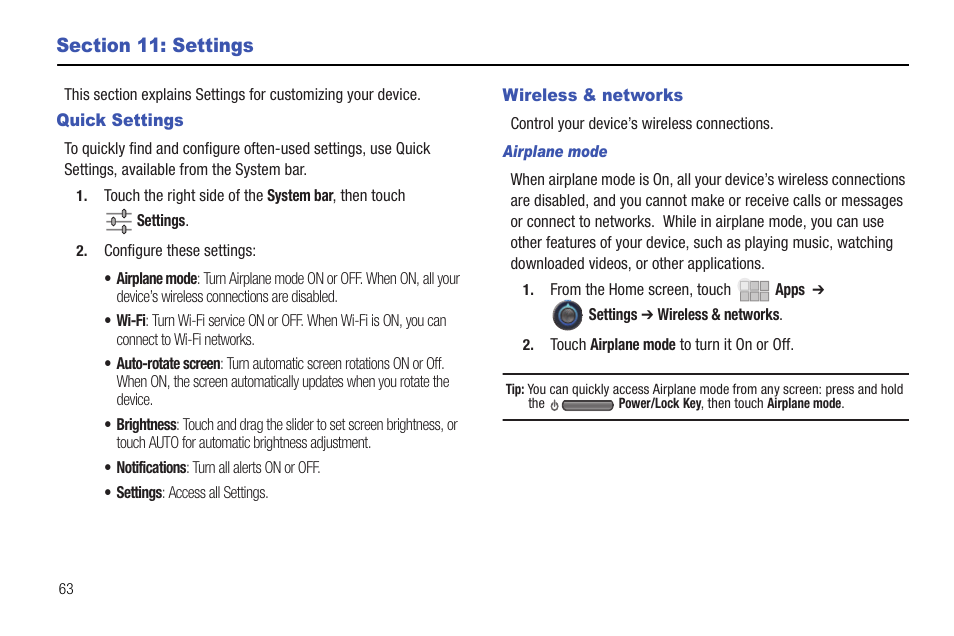 Section 11: settings, Quick settings, Wireless & networks | Quick settings wireless & networks | Samsung 10.1 User Manual | Page 70 / 123