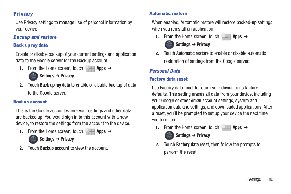 Privacy | Samsung 10.1 User Manual | Page 87 / 123