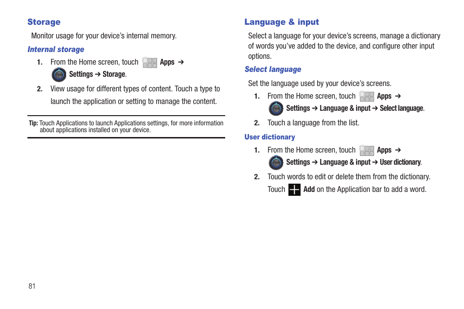 Storage, Language & input, Storage language & input | Samsung 10.1 User Manual | Page 88 / 123