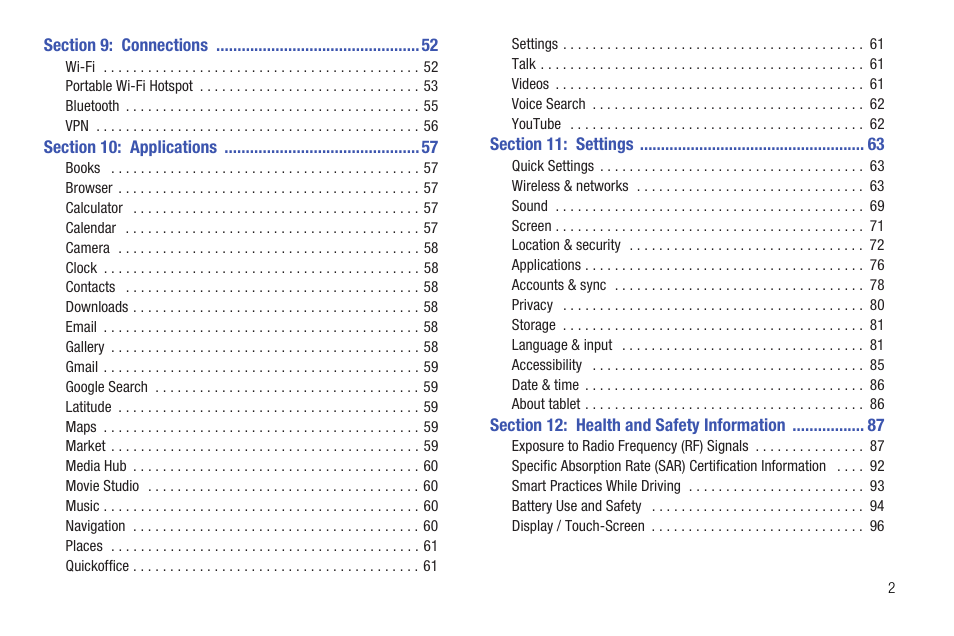 Section 9: connections 52, Section 10: applications 57, Section 11: settings 63 | Section 12: health and safety information 87 | Samsung 10.1 User Manual | Page 9 / 123