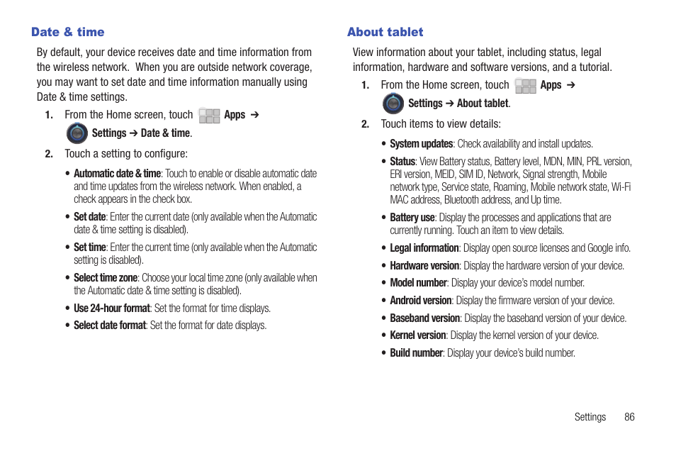 Date & time, About tablet, Date & time about tablet | Samsung 10.1 User Manual | Page 93 / 123