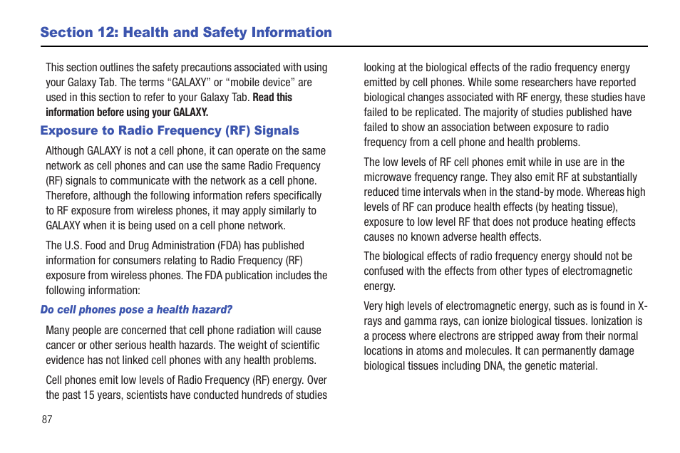 Section 12: health and safety information, Exposure to radio frequency (rf) signals | Samsung 10.1 User Manual | Page 94 / 123