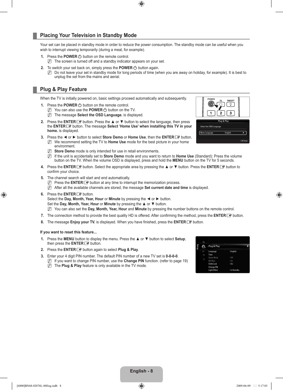 Placing your television in standby mode, Plug & play feature | Samsung BN68-02076L-00 User Manual | Page 10 / 59
