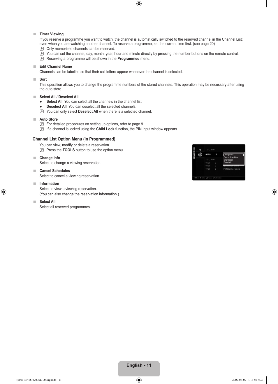English, Channel list option menu (in programmed) | Samsung BN68-02076L-00 User Manual | Page 13 / 59
