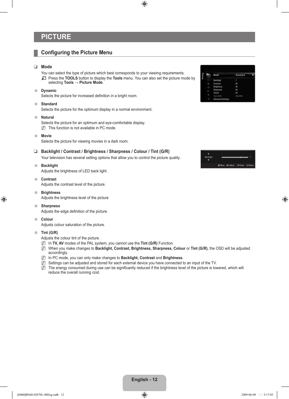 Picture, Configuring the picture menu, English | Mode | Samsung BN68-02076L-00 User Manual | Page 14 / 59