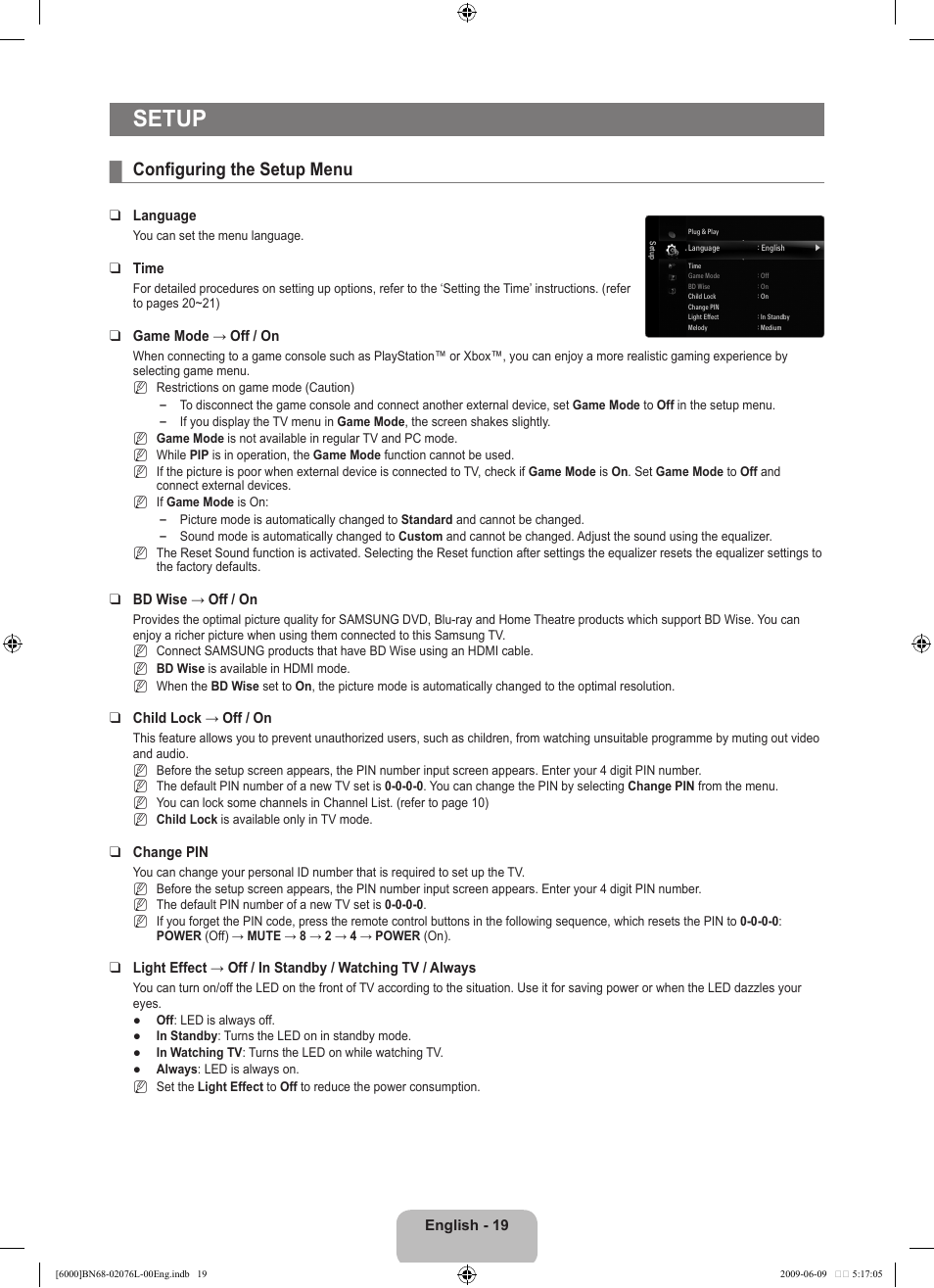 Setup, Configuring the setup menu | Samsung BN68-02076L-00 User Manual | Page 21 / 59