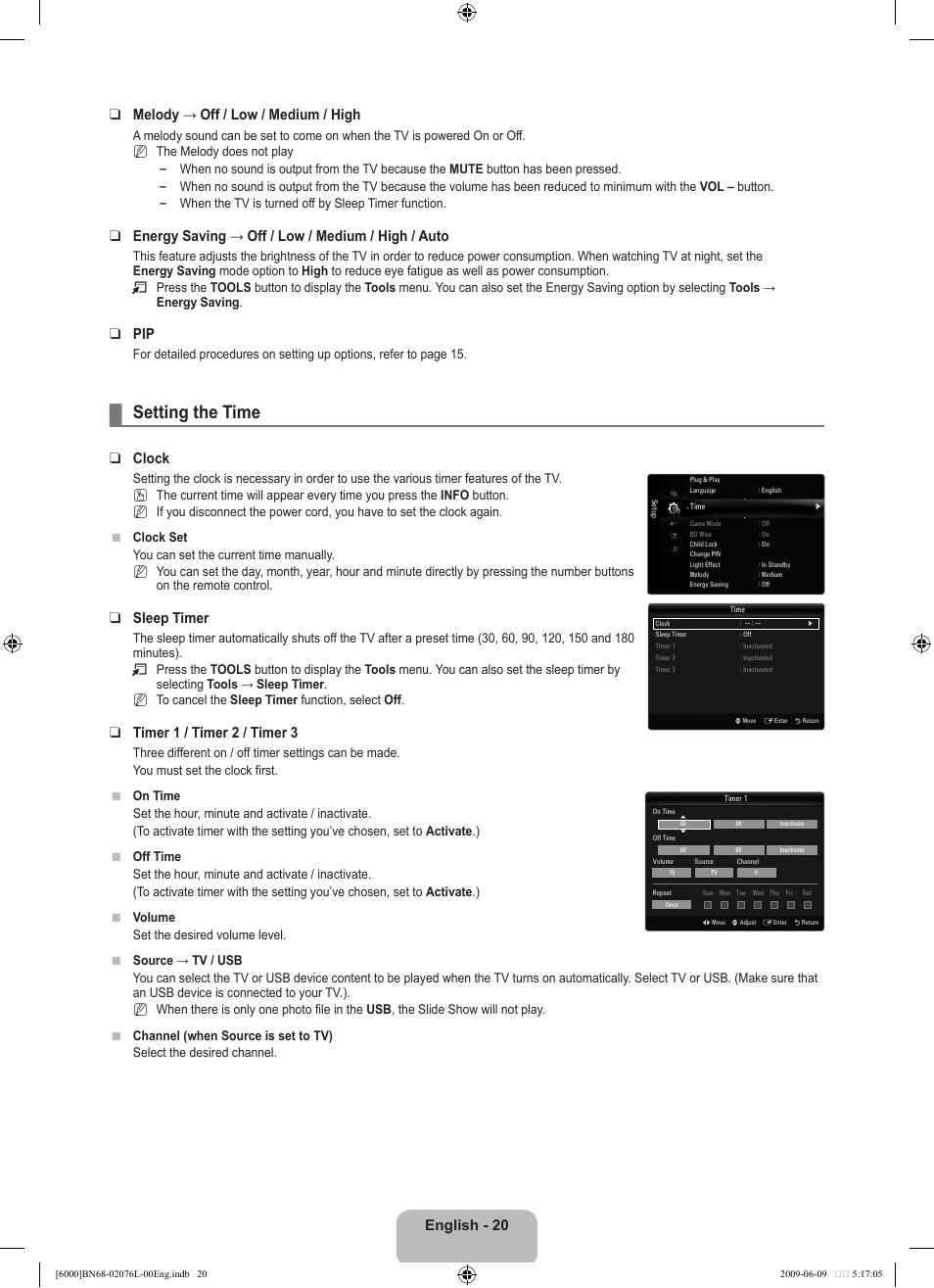 Setting the time, English - 0 melody → off / low / medium / high, Energy saving → off / low / medium / high / auto | Clock, Sleep timer, Timer  / timer  / timer | Samsung BN68-02076L-00 User Manual | Page 22 / 59