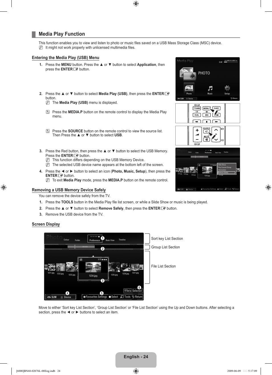 Media play function, English, Entering the media play (usb) menu | Screen display, Photo | Samsung BN68-02076L-00 User Manual | Page 26 / 59