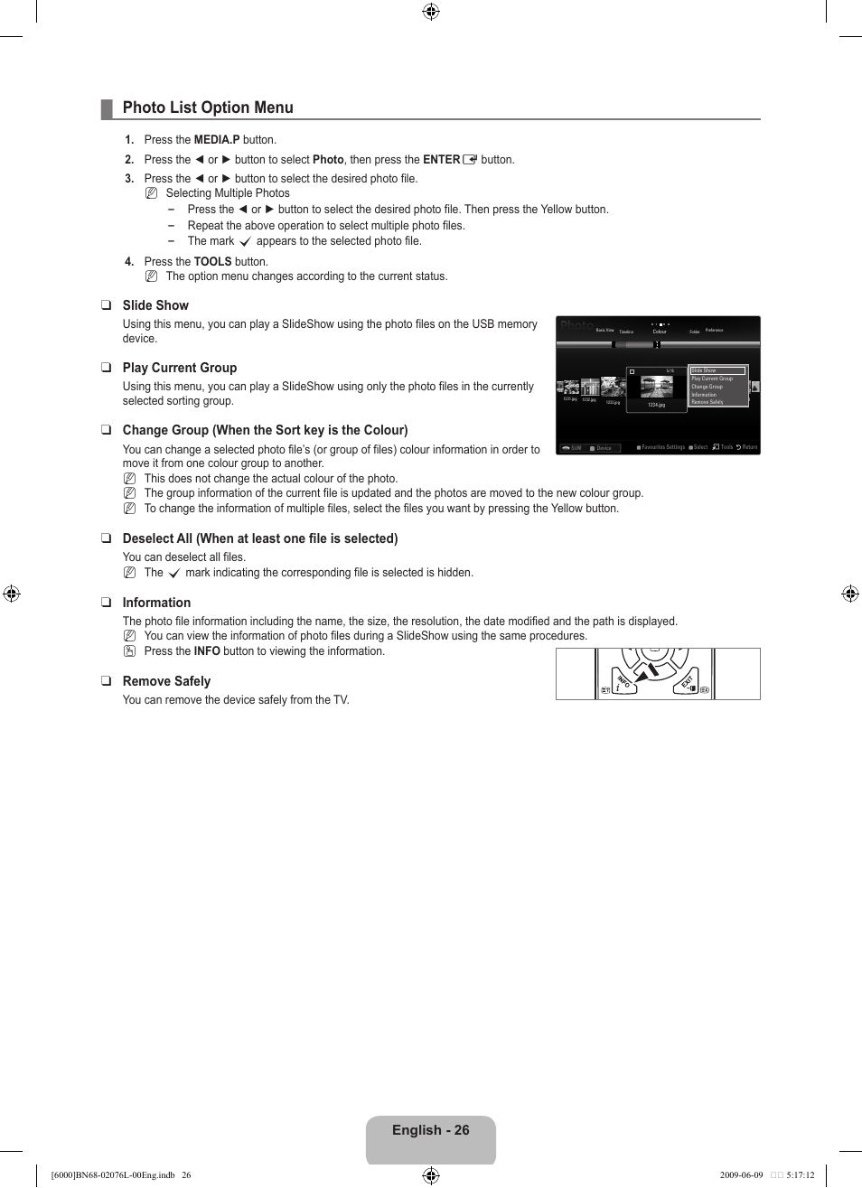 Photo list option menu, English, Slide show | Play current group, Change group (when the sort key is the colour), Deselect all (when at least one file is selected), Information, Remove safely | Samsung BN68-02076L-00 User Manual | Page 28 / 59