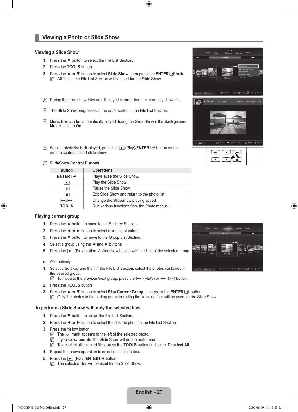 Viewing a photo or slide show, English, Viewing a slide show | Playing current group | Samsung BN68-02076L-00 User Manual | Page 29 / 59