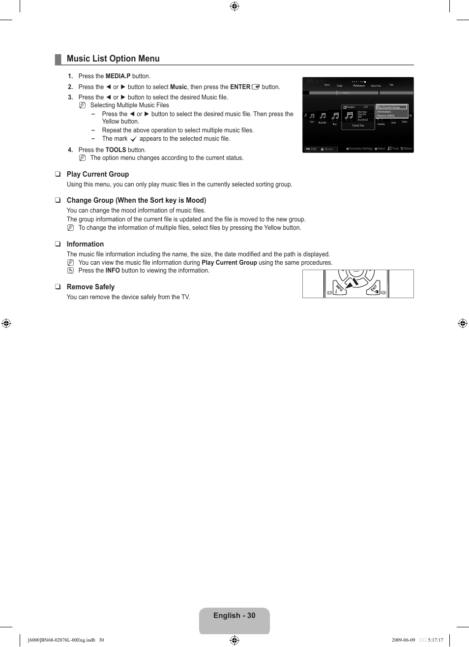 Music list option menu, English - 0, Play current group | Change group (when the sort key is mood), Information, Remove safely | Samsung BN68-02076L-00 User Manual | Page 32 / 59