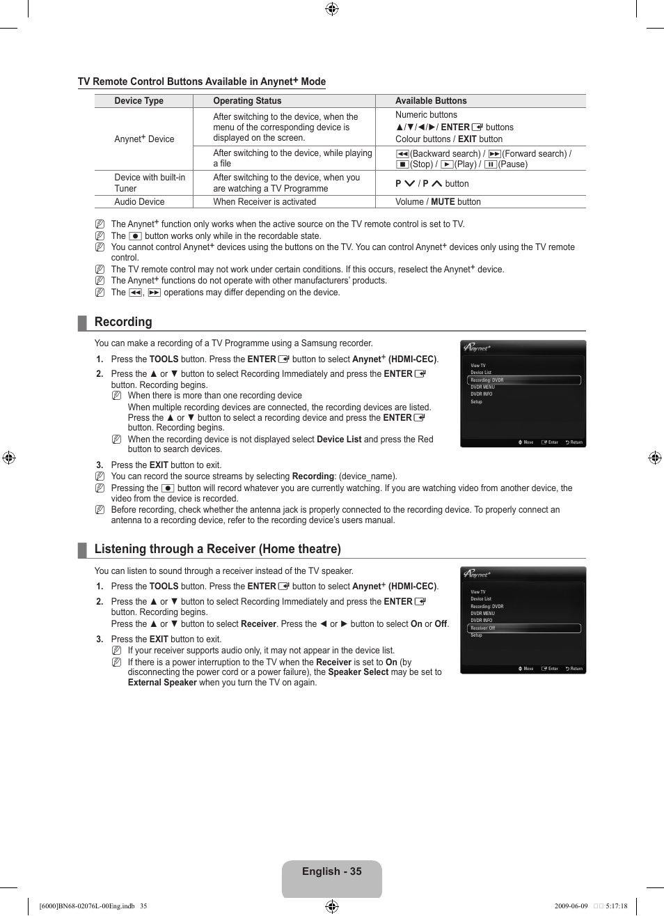 Recording, Listening through a receiver (home theatre) | Samsung BN68-02076L-00 User Manual | Page 37 / 59