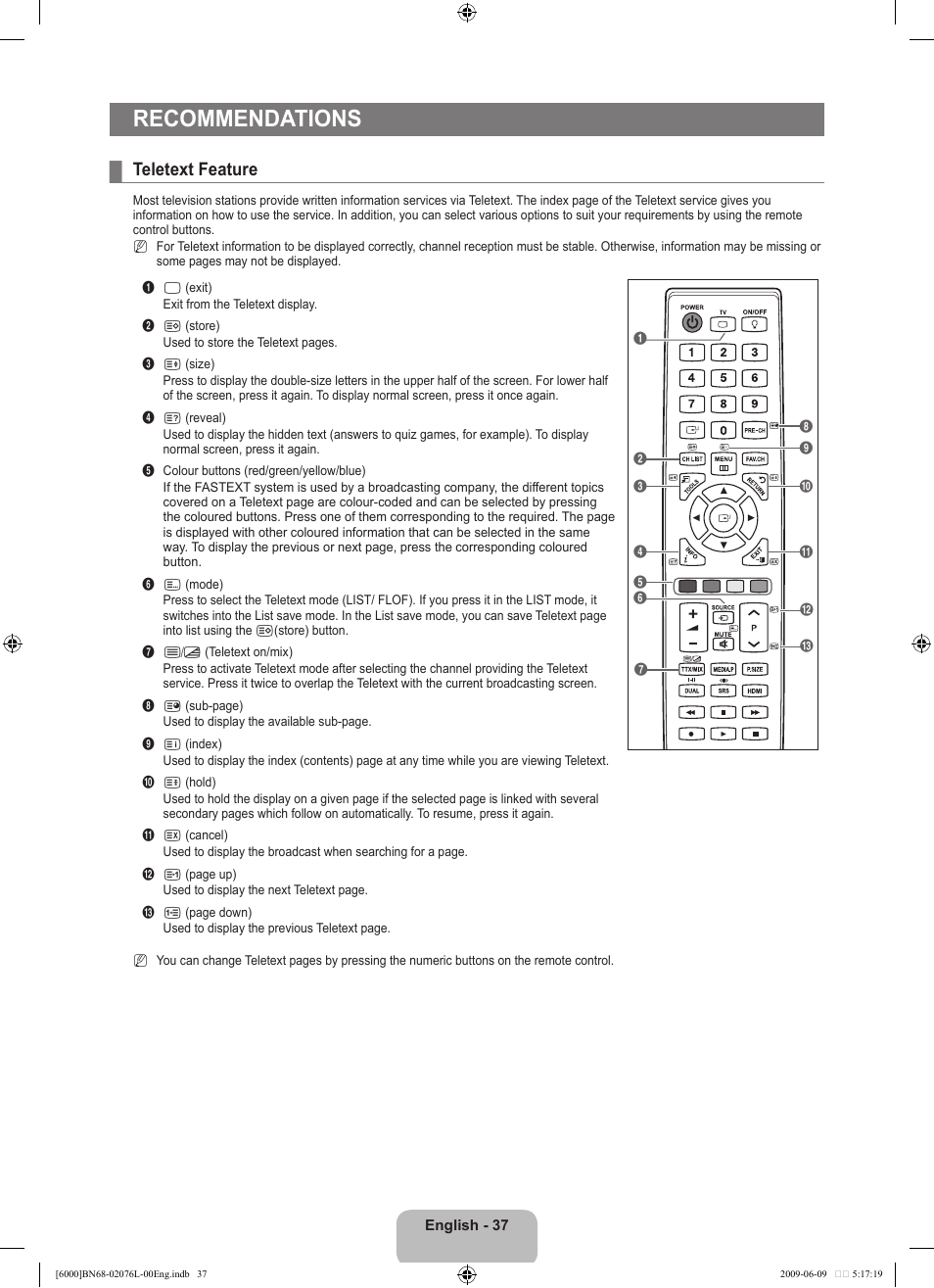 Recommendations, Teletext feature | Samsung BN68-02076L-00 User Manual | Page 39 / 59