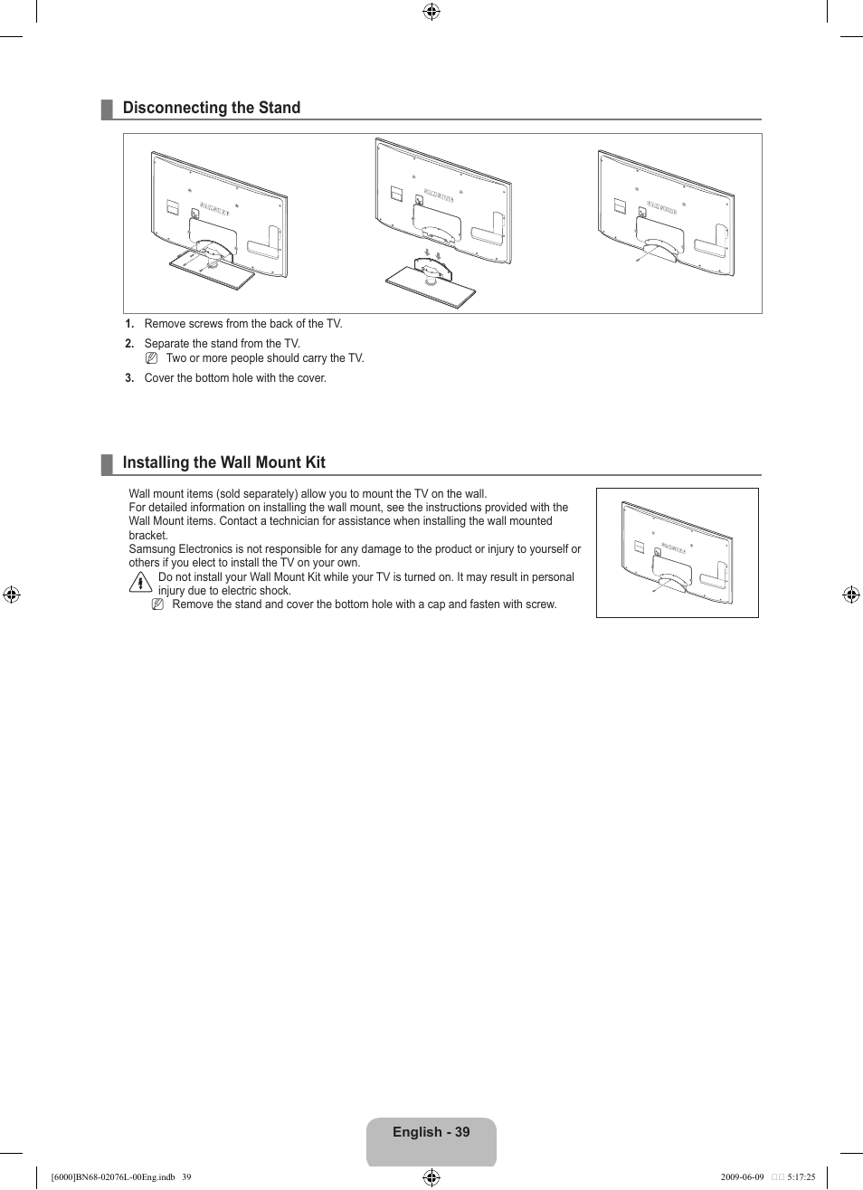 Disconnecting the stand, Installing the wall mount kit | Samsung BN68-02076L-00 User Manual | Page 41 / 59