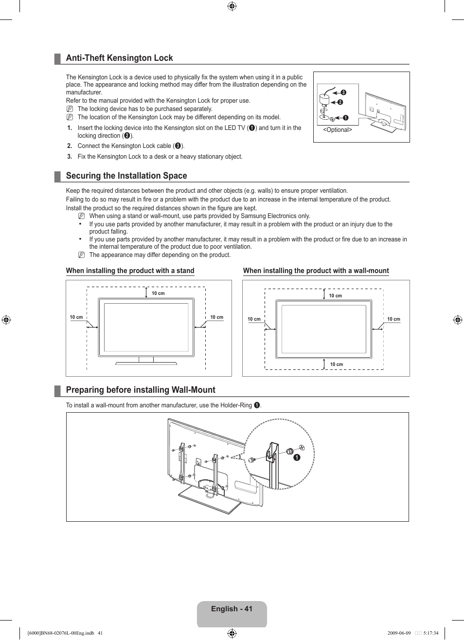 Anti-theft kensington lock, Securing the installation space, Preparing before installing wall-mount | Samsung BN68-02076L-00 User Manual | Page 43 / 59