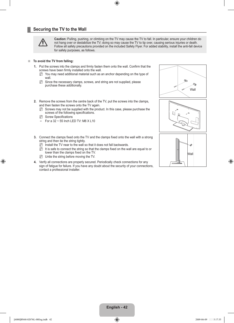 Securing the tv to the wall | Samsung BN68-02076L-00 User Manual | Page 44 / 59