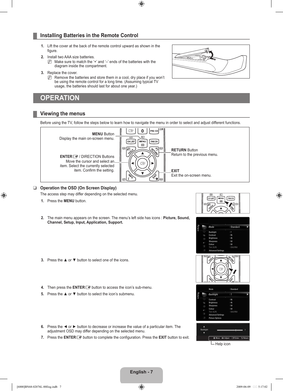Operation, Installing batteries in the remote control, Viewing the menus | English, Operation the osd (on screen display) | Samsung BN68-02076L-00 User Manual | Page 9 / 59