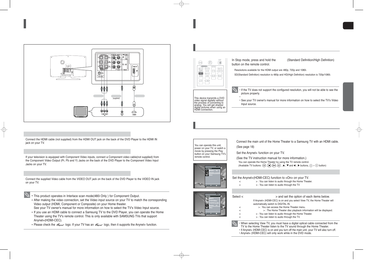 Connecting the video out to your tv, Hdmi function, Using anynet+(hdmi-cec) | Resolution selection | Samsung HT-X250 EN User Manual | Page 10 / 34