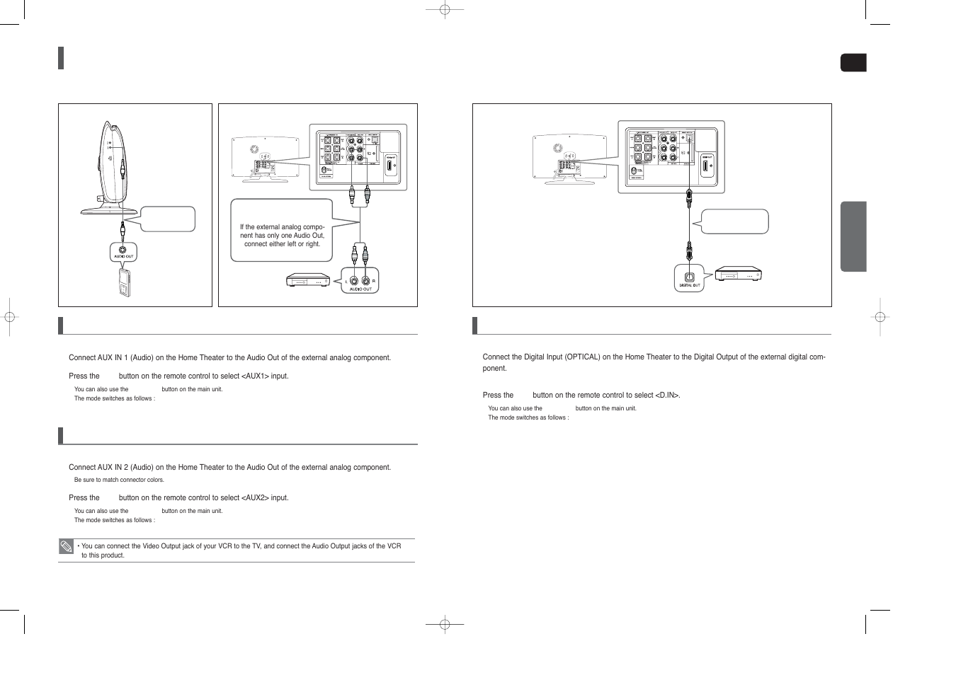 Connecting audio from external components, Aux2 : connecting an external analog component, Aux1 : connecting an external analog component | Optical : connecting an external digital component | Samsung HT-X250 EN User Manual | Page 11 / 34