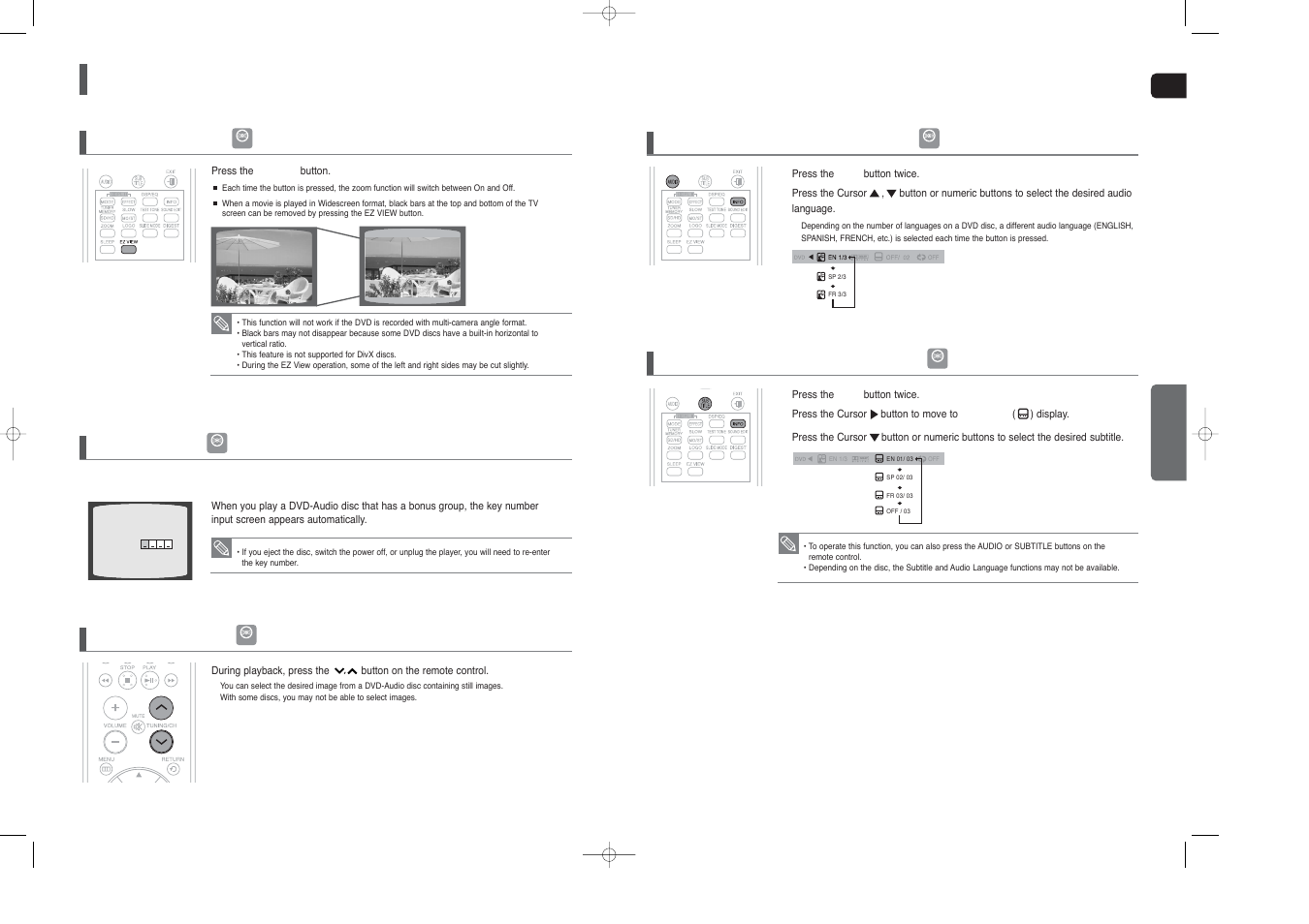 Using the playback function, Con’t), Ez view function | Bonus group, Navigating pages, Audio language selection function, Subtitle language selection function | Samsung HT-X250 EN User Manual | Page 19 / 34