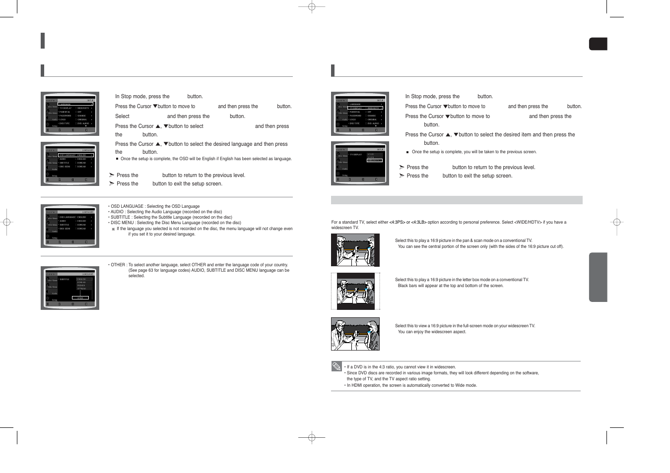 Settings, Setting the language, Setting tv screen type | Samsung HT-X250 EN User Manual | Page 22 / 34