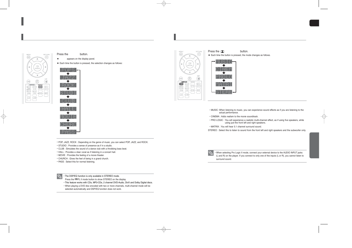 Settings, Con’t), Sound field (dsp)/eq function | Dolby pro logic ii mode | Samsung HT-X250 EN User Manual | Page 27 / 34