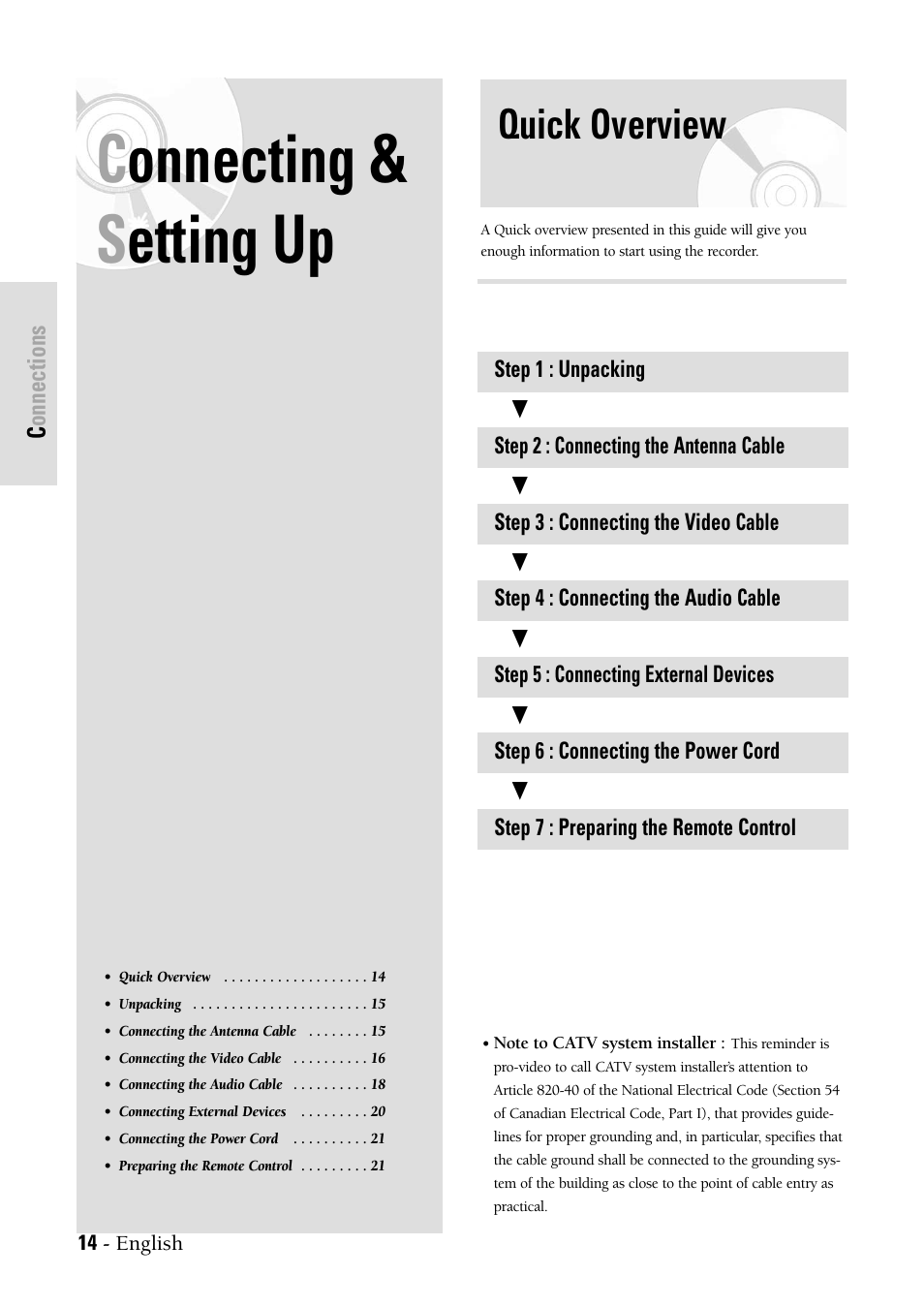 Connecting & setting up, Quick overview, Connecting & s etting up | Samsung DVDVR300 User Manual | Page 14 / 98
