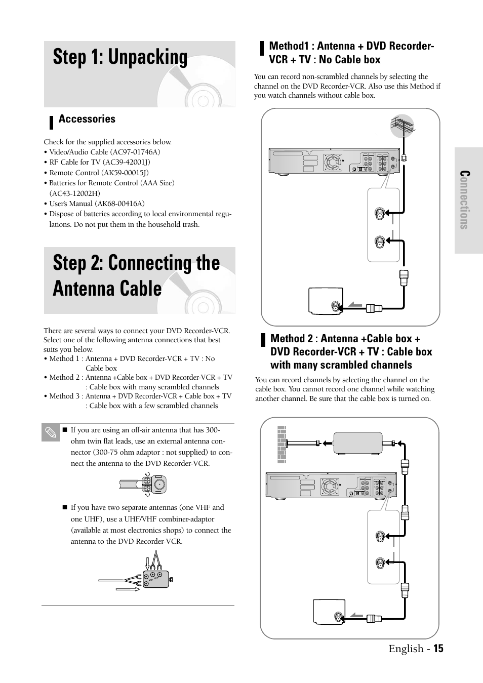 Unpacking, Connecting the antenna cable, Step 1: unpacking | Step 2: connecting the antenna cable, Connections, English - 15 accessories | Samsung DVDVR300 User Manual | Page 15 / 98