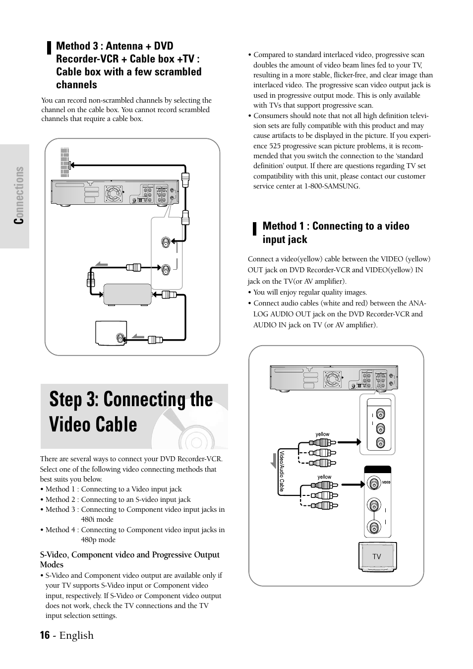 Connecting the video cable, Step 3: connecting the video cable, Connections | Method 1 : connecting to a video input jack | Samsung DVDVR300 User Manual | Page 16 / 98