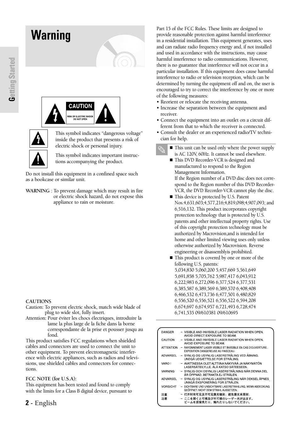 Getting started, Warning, 2 - english | Samsung DVDVR300 User Manual | Page 2 / 98