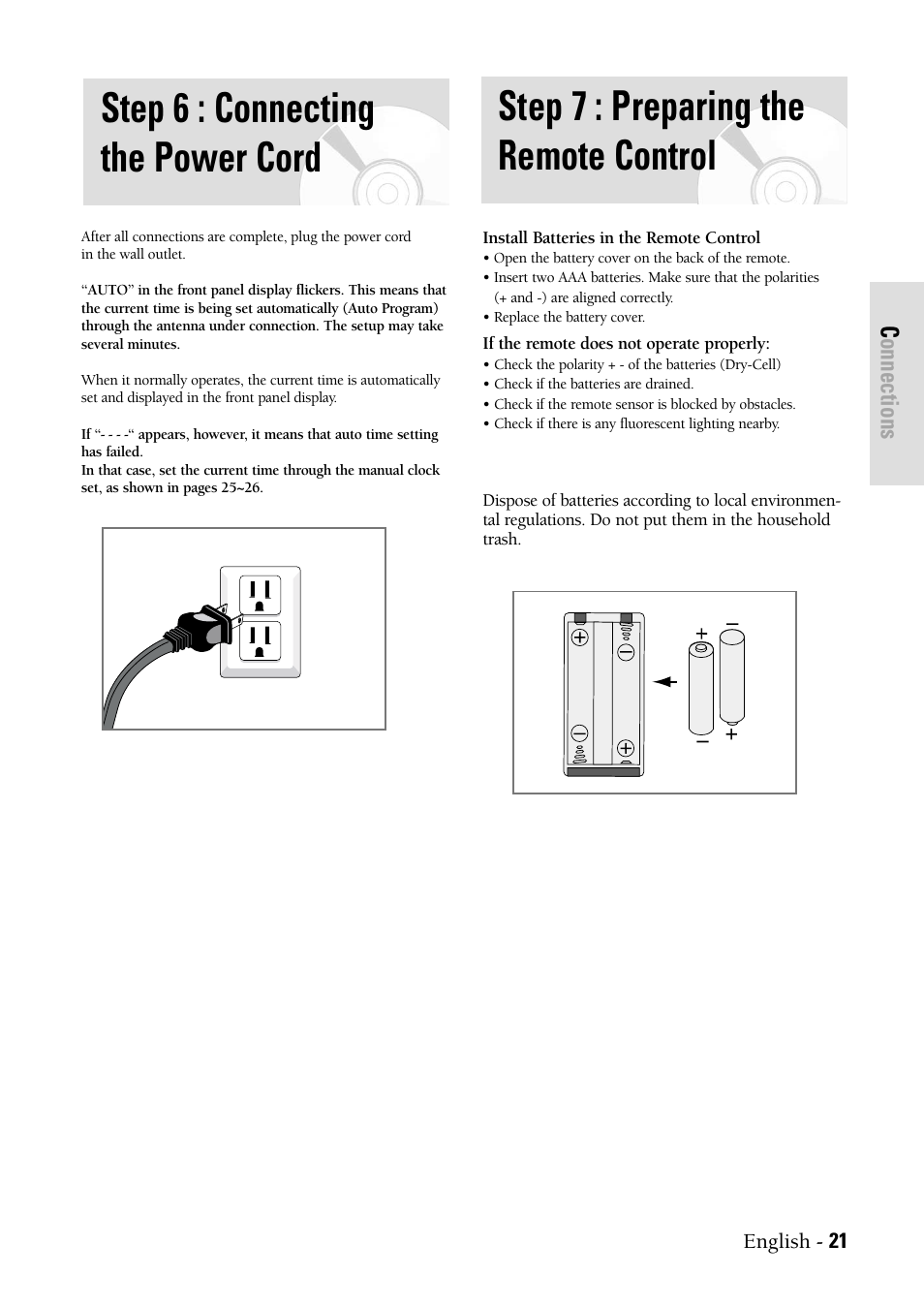 Connecting the power cord, Preparing the remote control, Step 6 : connecting the power cord | Step 7 : preparing the remote control, Connections | Samsung DVDVR300 User Manual | Page 21 / 98