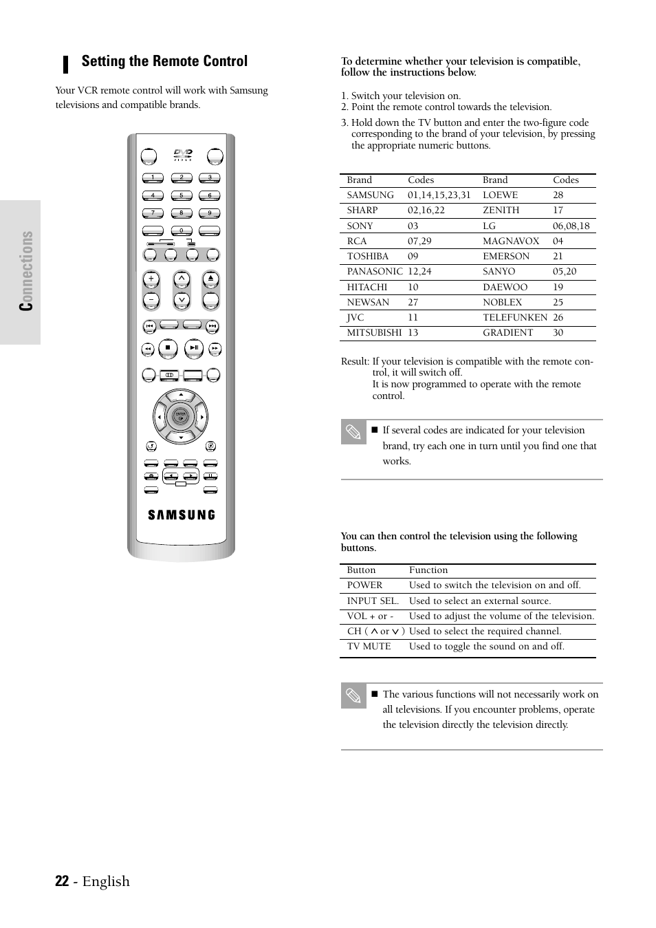 Connections, 22 - english, Setting the remote control | Samsung DVDVR300 User Manual | Page 22 / 98