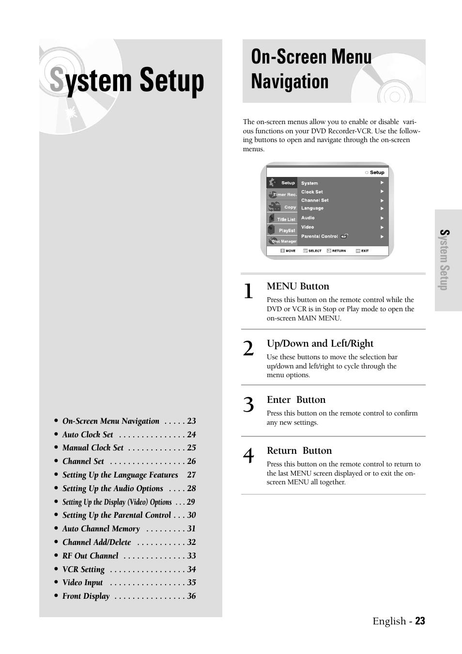 System setup, On-screen menu navigation | Samsung DVDVR300 User Manual | Page 23 / 98
