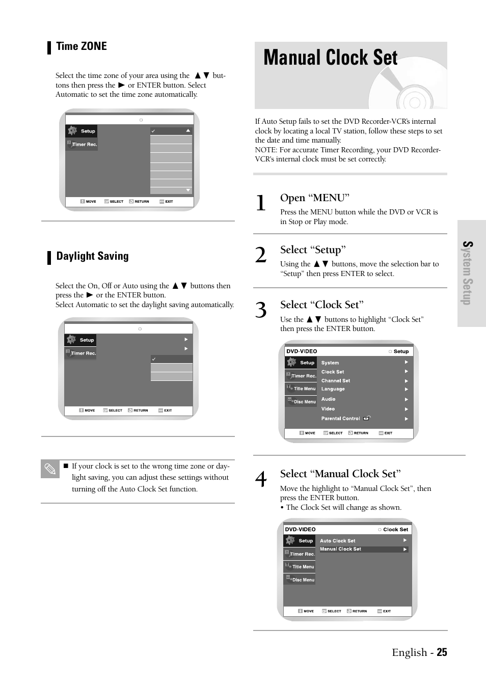 Manual clock set, System setup, English - 25 | Time zone, Daylight saving, Open “menu, Select “setup, Select “clock set, Select “manual clock set | Samsung DVDVR300 User Manual | Page 25 / 98