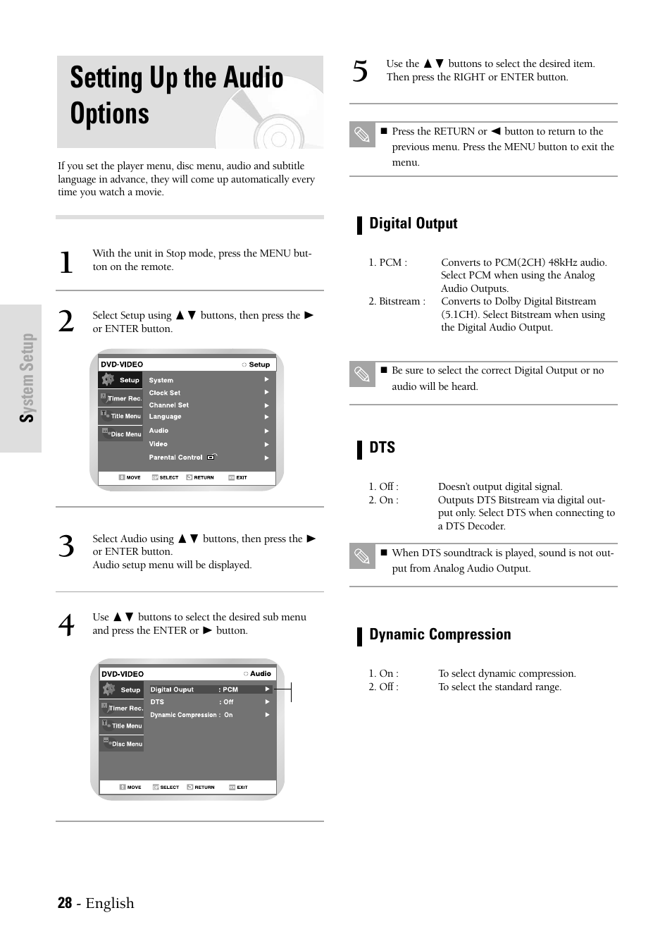 Setting up the audio options, System setup | Samsung DVDVR300 User Manual | Page 28 / 98