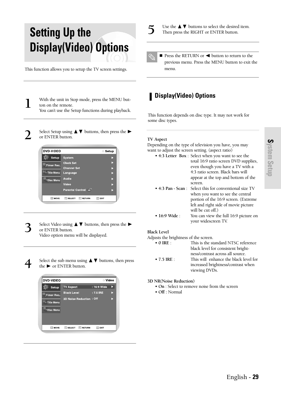 Setting up the display(video) options, System setup | Samsung DVDVR300 User Manual | Page 29 / 98