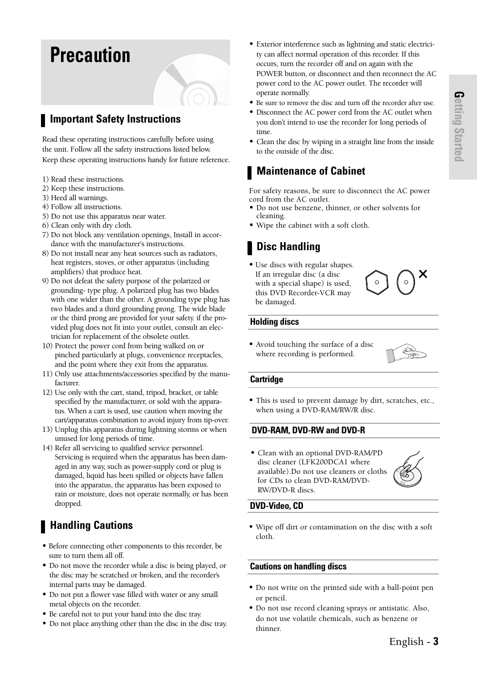 Precaution, Getting started, English - 3 | Important safety instructions handling cautions, Maintenance of cabinet, Disc handling | Samsung DVDVR300 User Manual | Page 3 / 98